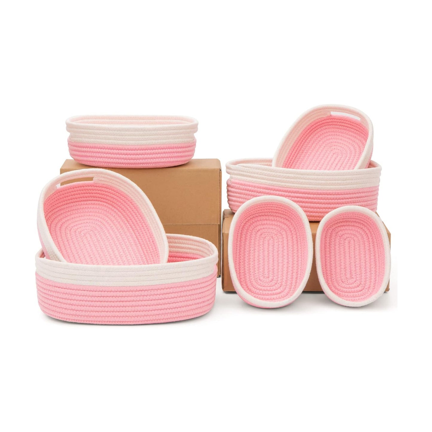7 Piece Cotton Rope Woven Basket Set / OFF WHITE & PINK