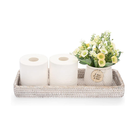 Rattan Bathroom Vanity Tray / White / 16 x 6.5 x 1.8