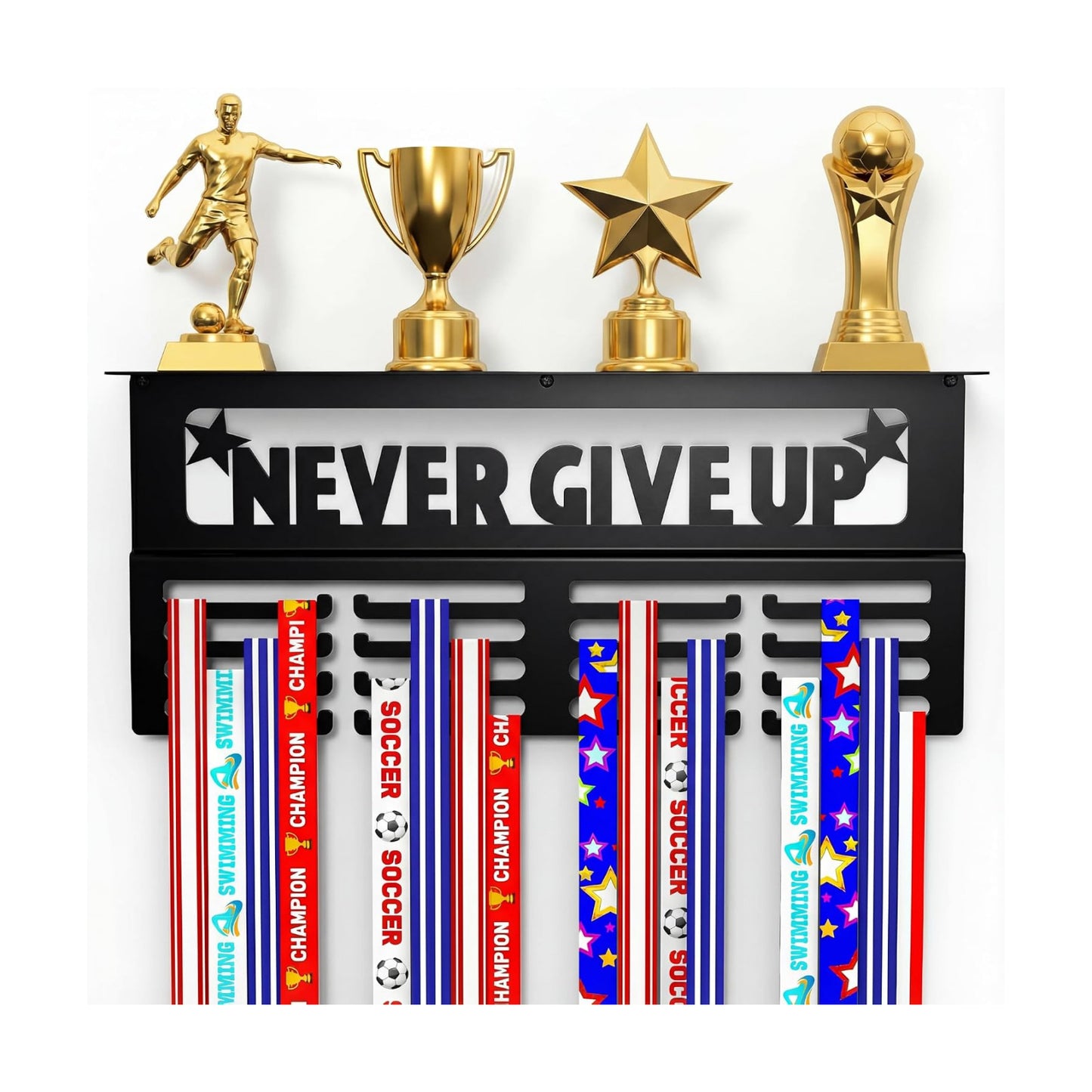 AGATHOS HOME Medal Hanger Display with Trophy Shelf - Metal Awards Rack for Walls Holds 64+ Sports Medals- Our Never