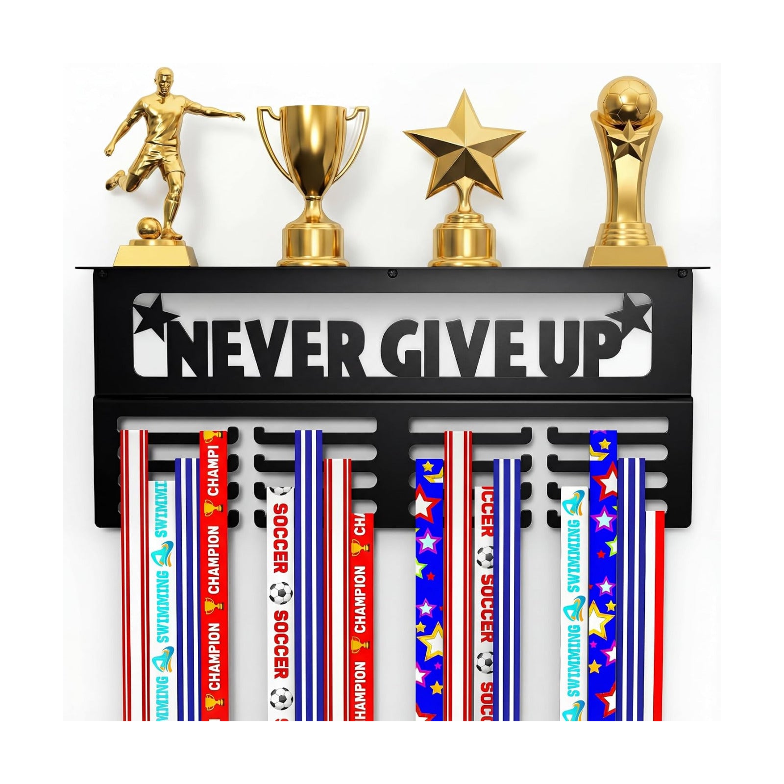 AGATHOS HOME Medal Hanger Display with Trophy Shelf - Metal Awards Rack for Walls Holds 64+ Sports Medals- Our Never