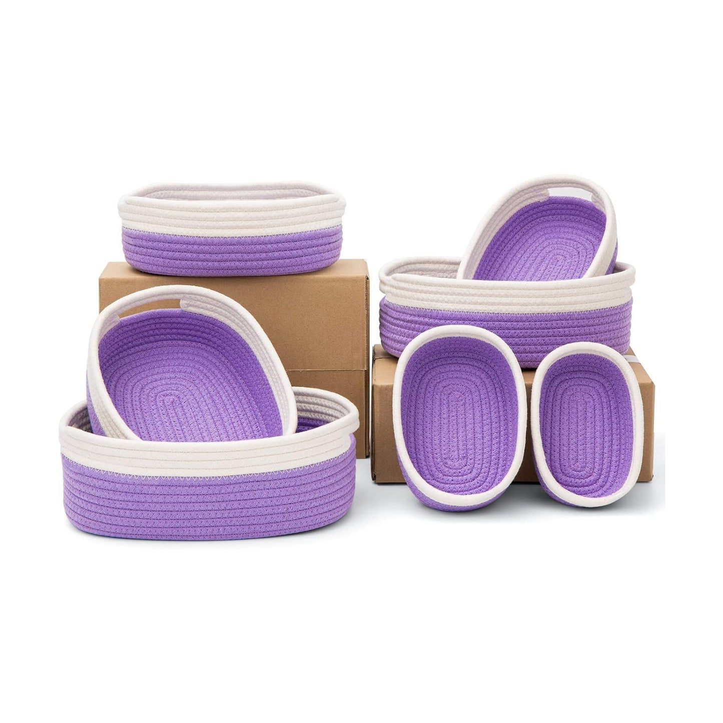 7 Piece Cotton Rope Woven Basket Set / OFF WHITE & PURPLE