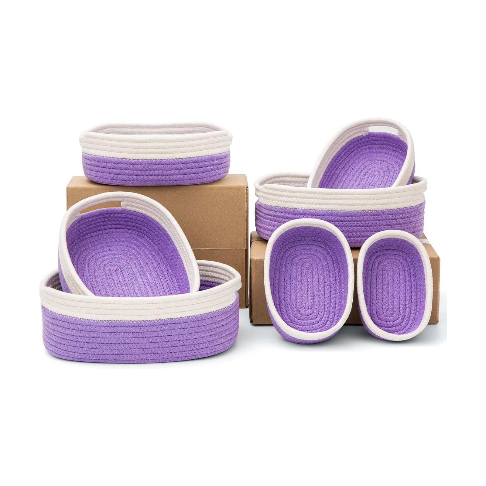 7 Piece Cotton Rope Woven Basket Set / OFF WHITE & PURPLE