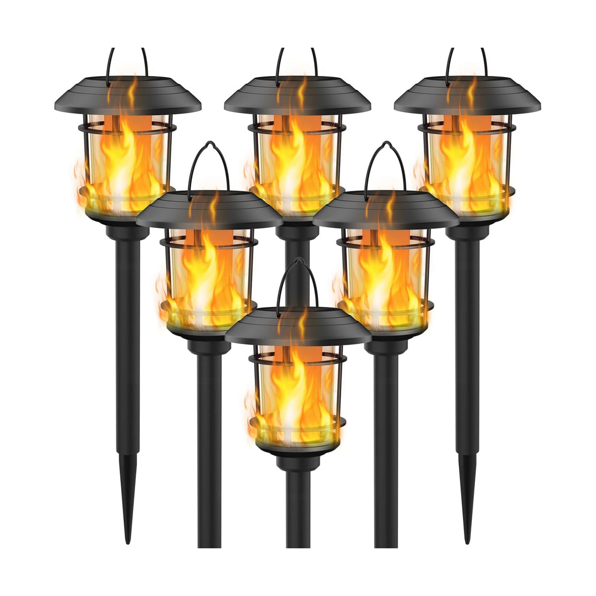 Dynaming 6 Pack Solar Flame Torch Lights Outdoor, Halloween Dual Use Flickering Flame Garden Light, Christmas Hanging Lanterns, Auto On/Off & Waterproof Lighting for Lawn Patio Yard Walkway Driveway