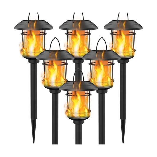Dynaming 6 Pack Solar Flame Torch Lights Outdoor, Halloween Dual Use Flickering Flame Garden Light, Christmas Hanging Lanterns, Auto On/Off & Waterproof Lighting for Lawn Patio Yard Walkway Driveway