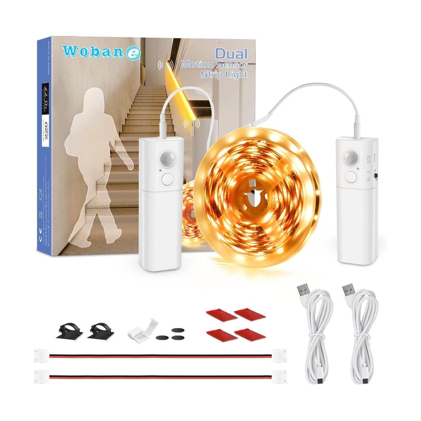 WOBANE 16.4ft Dual Motion Sensor Under Bed Lights,Rechargeable LED Strip | Battery Powered Tape Light for