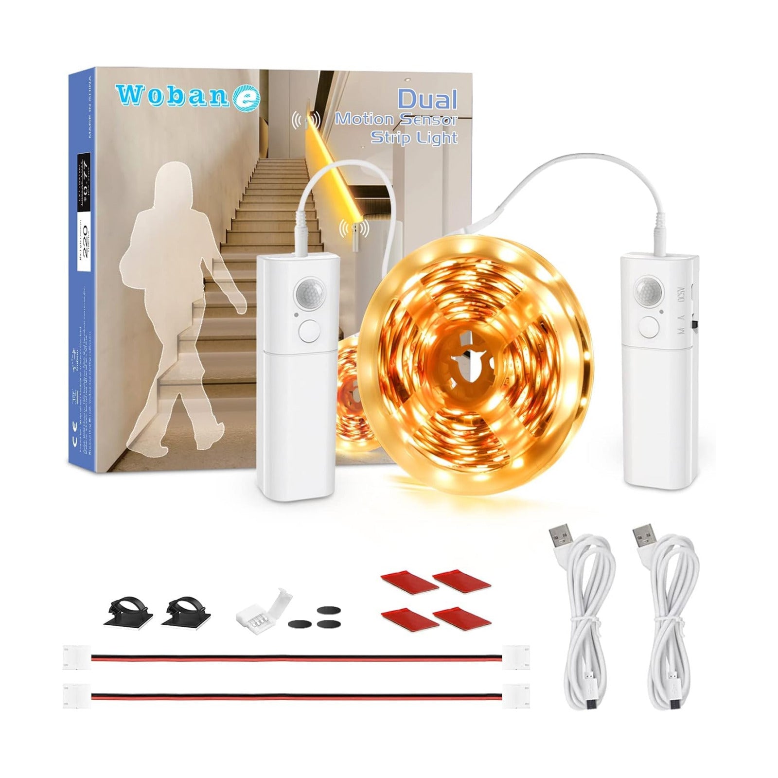 WOBANE 16.4ft Dual Motion Sensor Under Bed Lights,Rechargeable LED Strip | Battery Powered Tape Light for