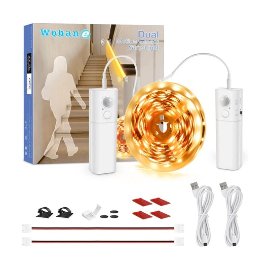 WOBANE 16.4ft Dual Motion Sensor Under Bed Lights,Rechargeable LED Strip | Battery Powered Tape Light for