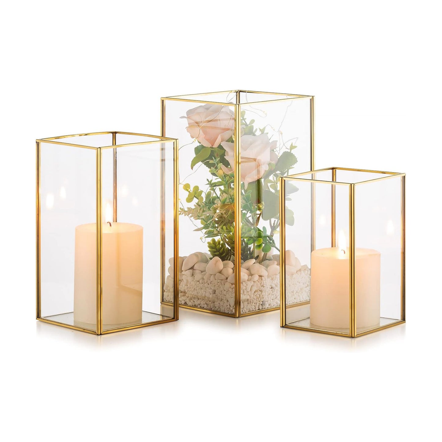 Nuptio Glass Hurricane Candle Holder Set of 3 Gold Pillar Candle Holders Large Rectangular Candleholder Table