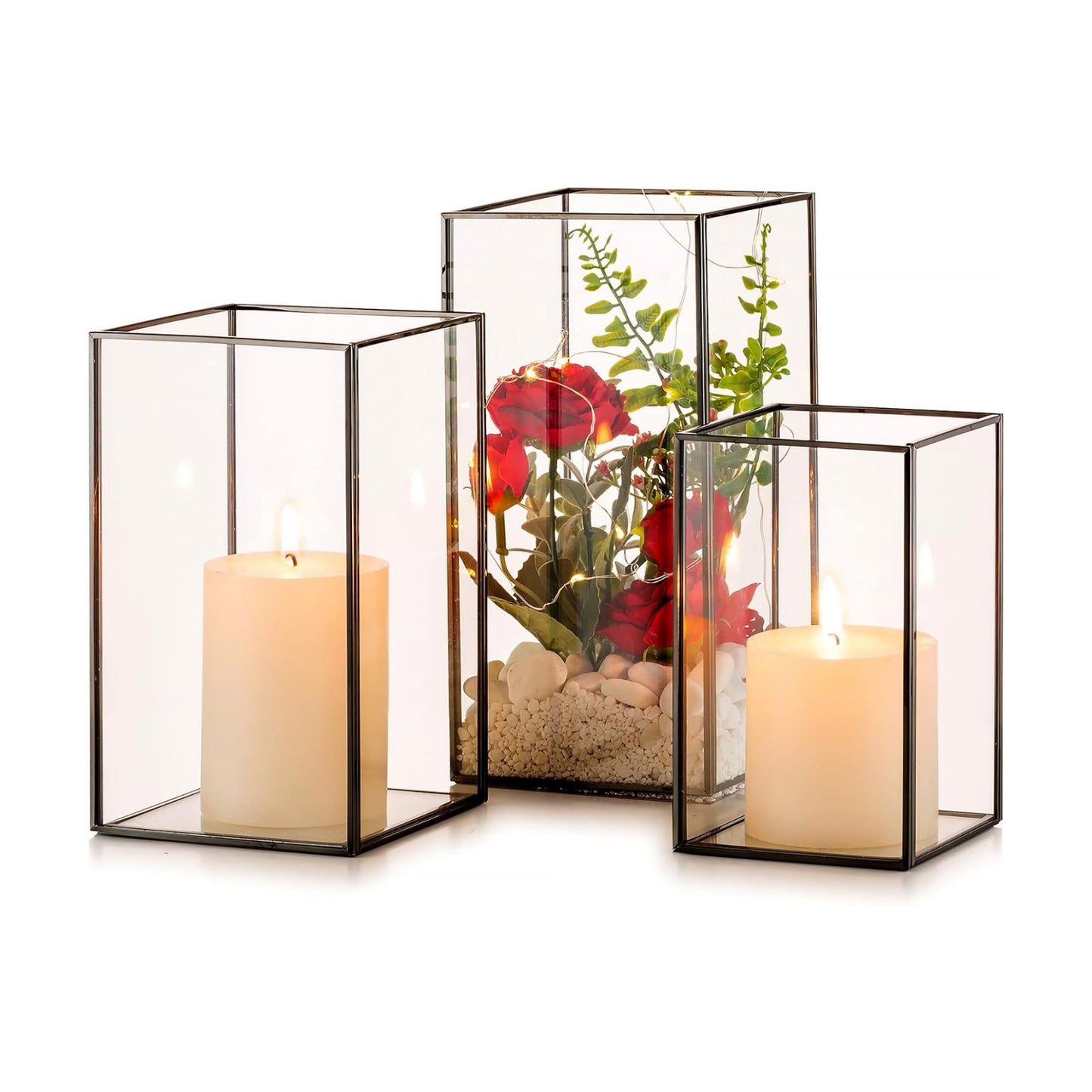 Nuptio Glass Hurricane Candle Holder for Pillar Candles 3 Pcs Black Metal Candle Holders Large Rectangular Candleholder