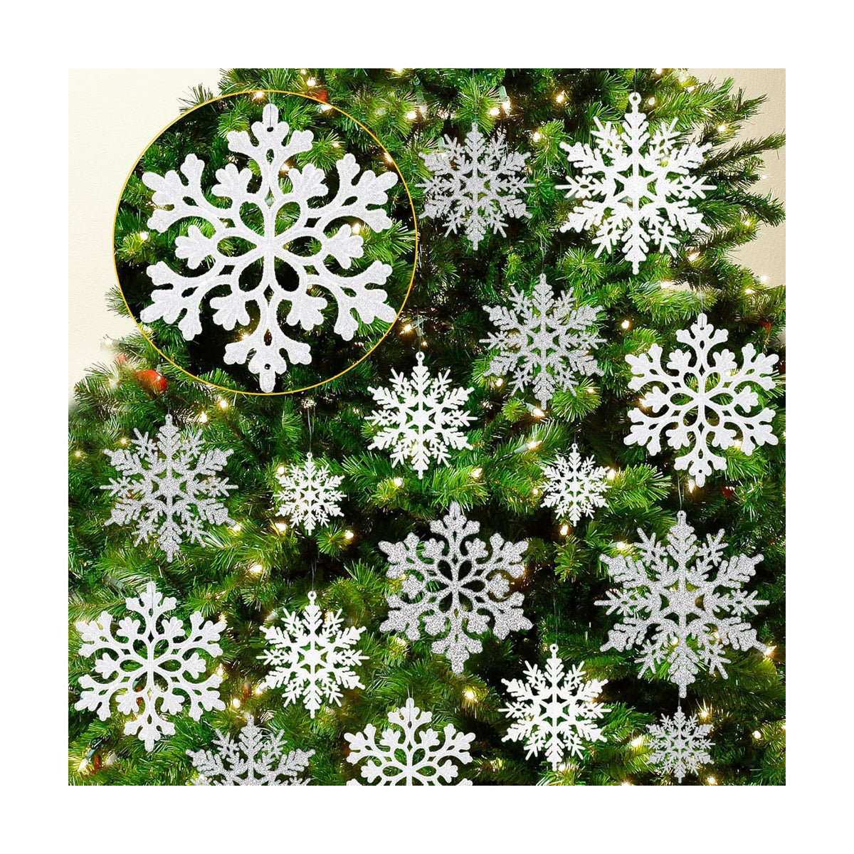 White and Silver Christmas Snowflake Ornaments- 36Pcs Plastic Glitter Hanging Snow Flakes for Christmas Tree Decorations Winter Wonderland Frozen Birthday Party Holiday Home Decor Craft Snowflakes