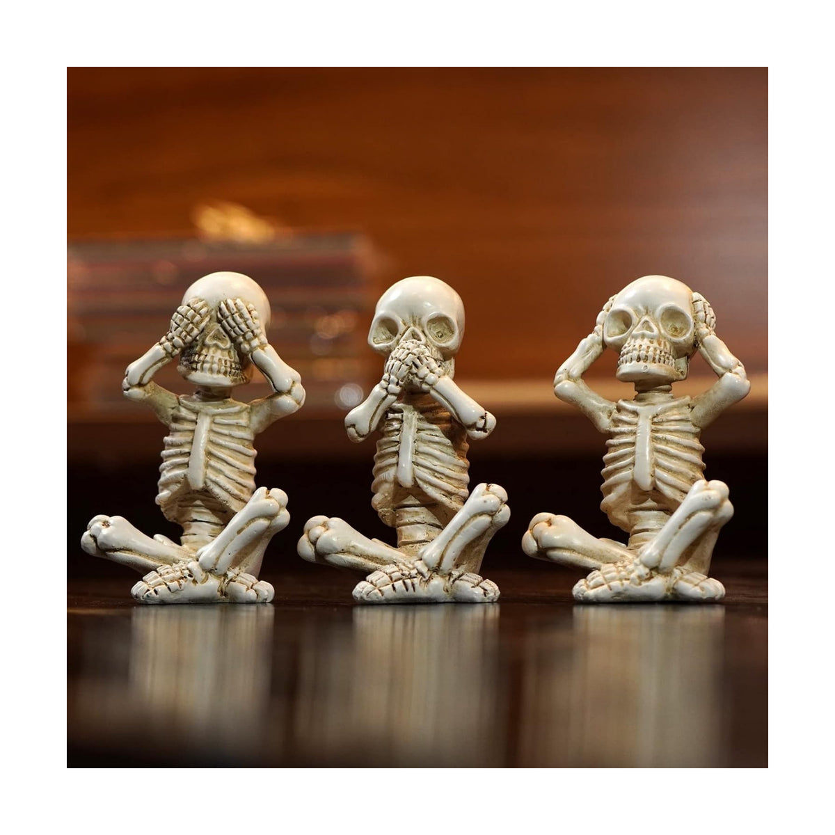 OwMell Set of 3 No Evil Skeletons Statue, Skull Figurine Gothic Home Décor