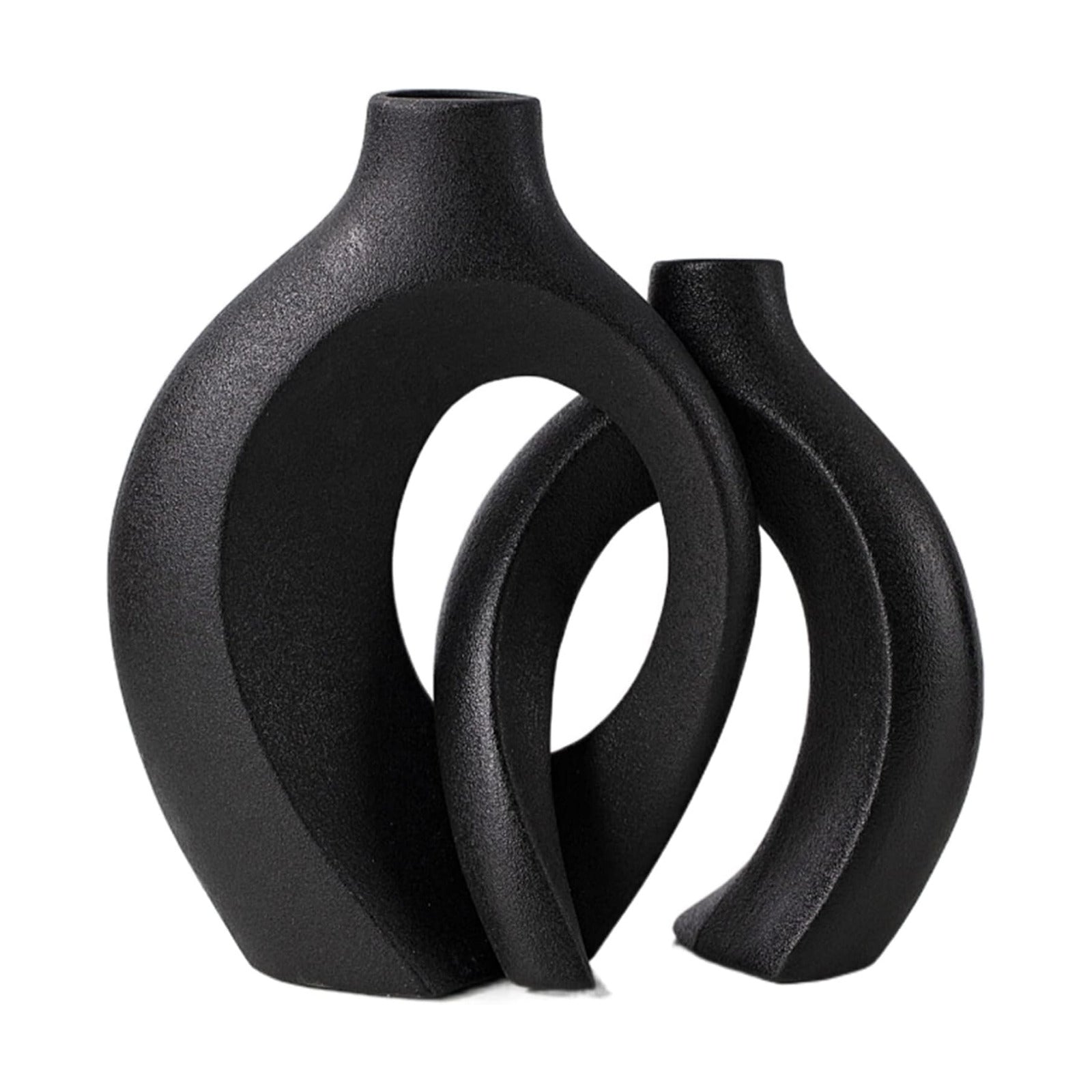 Black Hollow Ceramic Vase / Black - Round Large / Set of 2