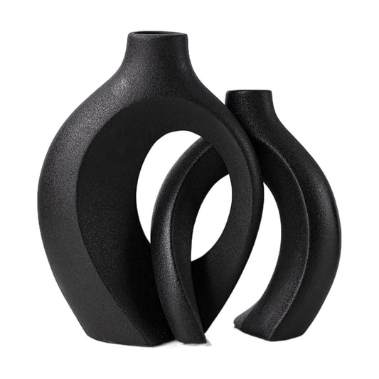 Black Hollow Ceramic Vase / Black - Round Large / Set of 2