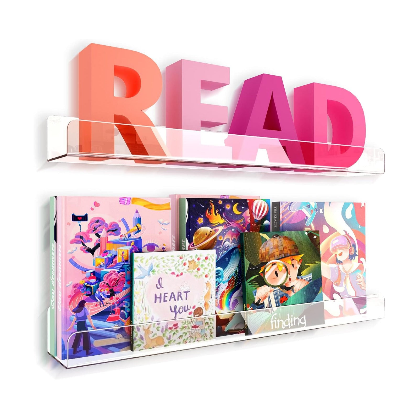 2 Packs 24 inches Clear Acrylic Shelves,Book Shelf for wall | Wall Mounted Display for Kids