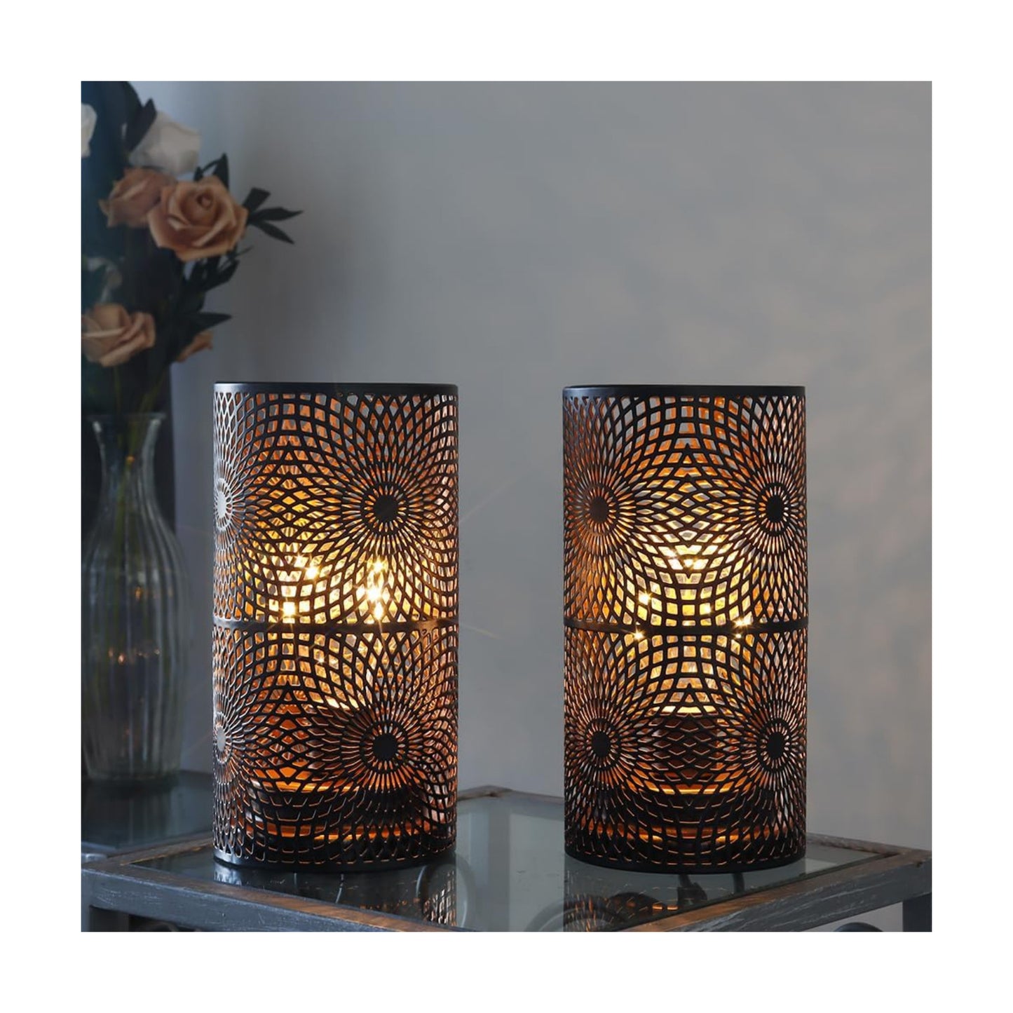 JHY DESIGN Set of 2 Black Table Metal lamp Battery Powered Cordless Accent Light with Edison Style Bulb Battery