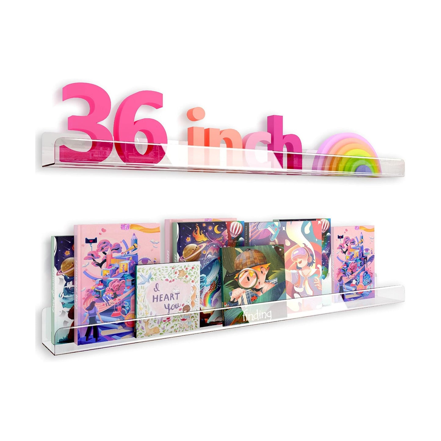 2 Pack 36 Inch Clear Acrylic Kids Wall Bookshelves,Display Rack | 50% Thicker Invisible Floating Shelf, Toy Organizer