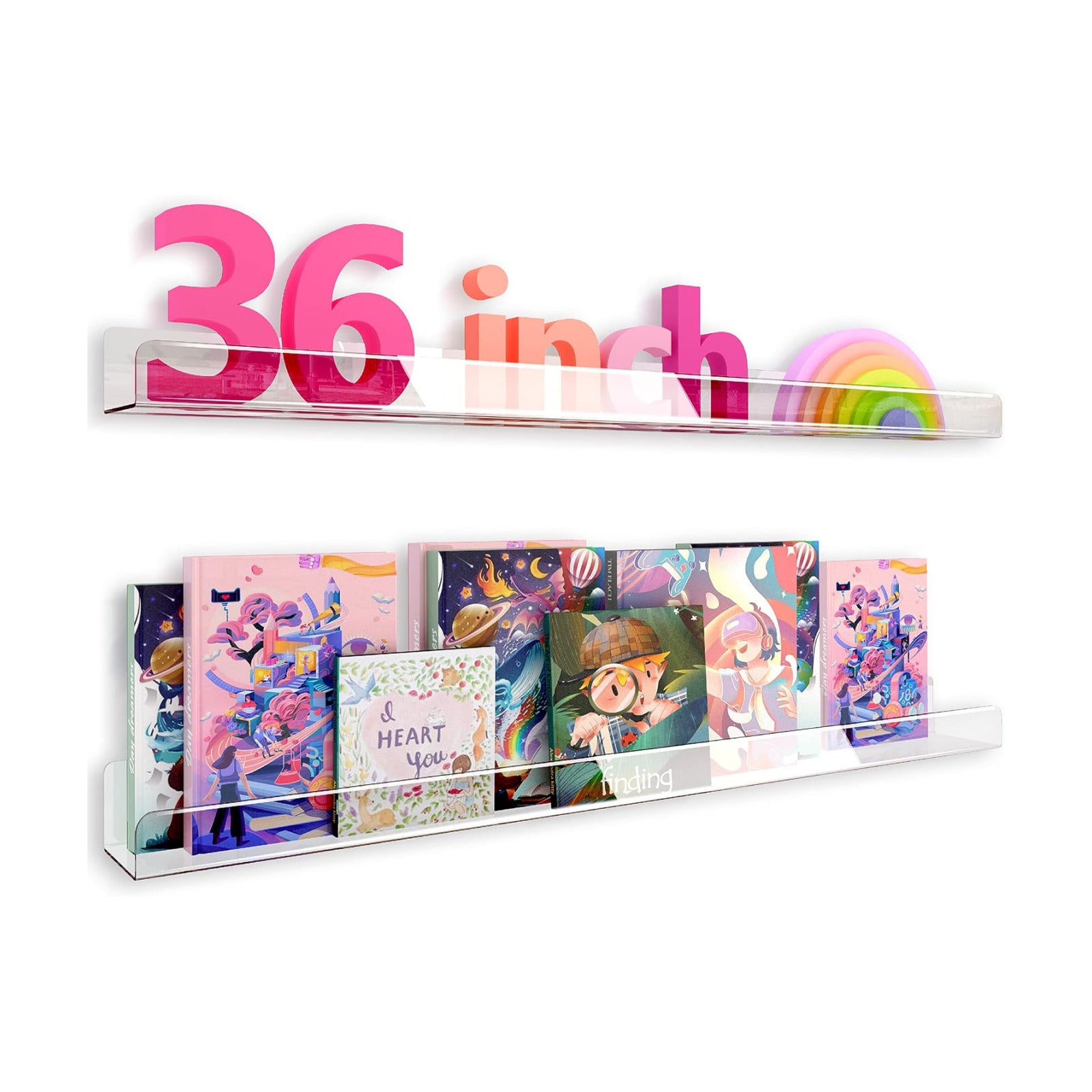 2 Pack 36 Inch Clear Acrylic Kids Wall Bookshelves,Display Rack | 50% Thicker Invisible Floating Shelf, Toy Organizer