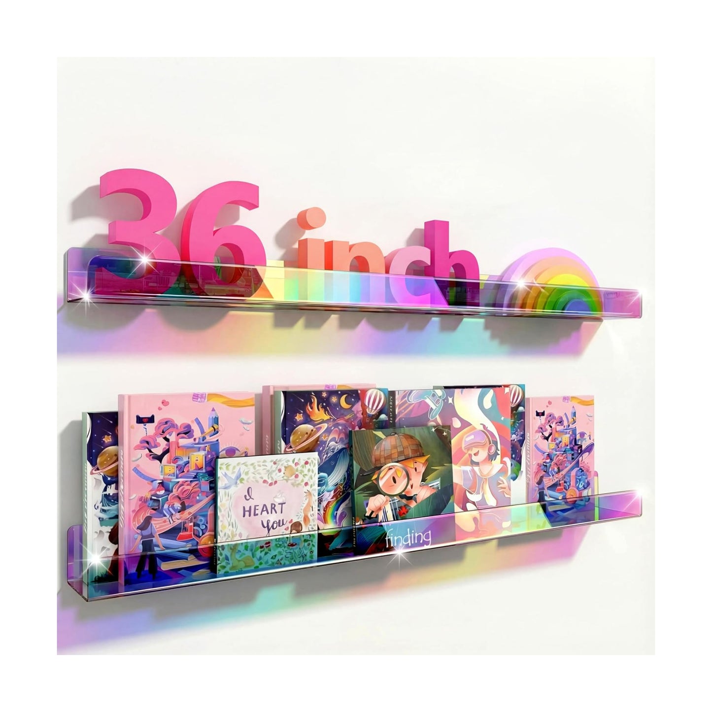 2 Pack RORKIM 36 Inch Iridescent Acrylic Floating Shelf, Kids Bookshelf | Wall Mounted Display Toy Organizer for Kids