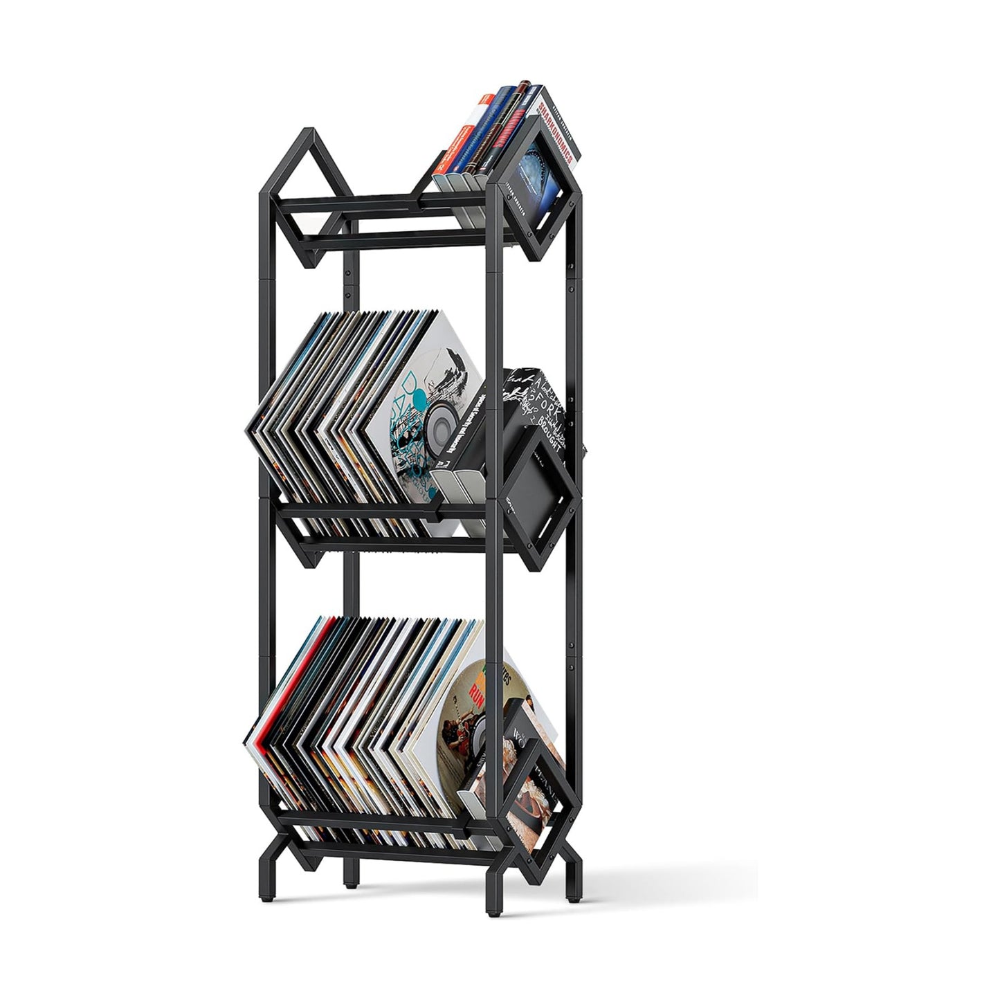 Vinyl Record Storage Rack, Record Holder 260-280 LP Storage Shelf Display Stand for Albums Books Magazines Files, Black