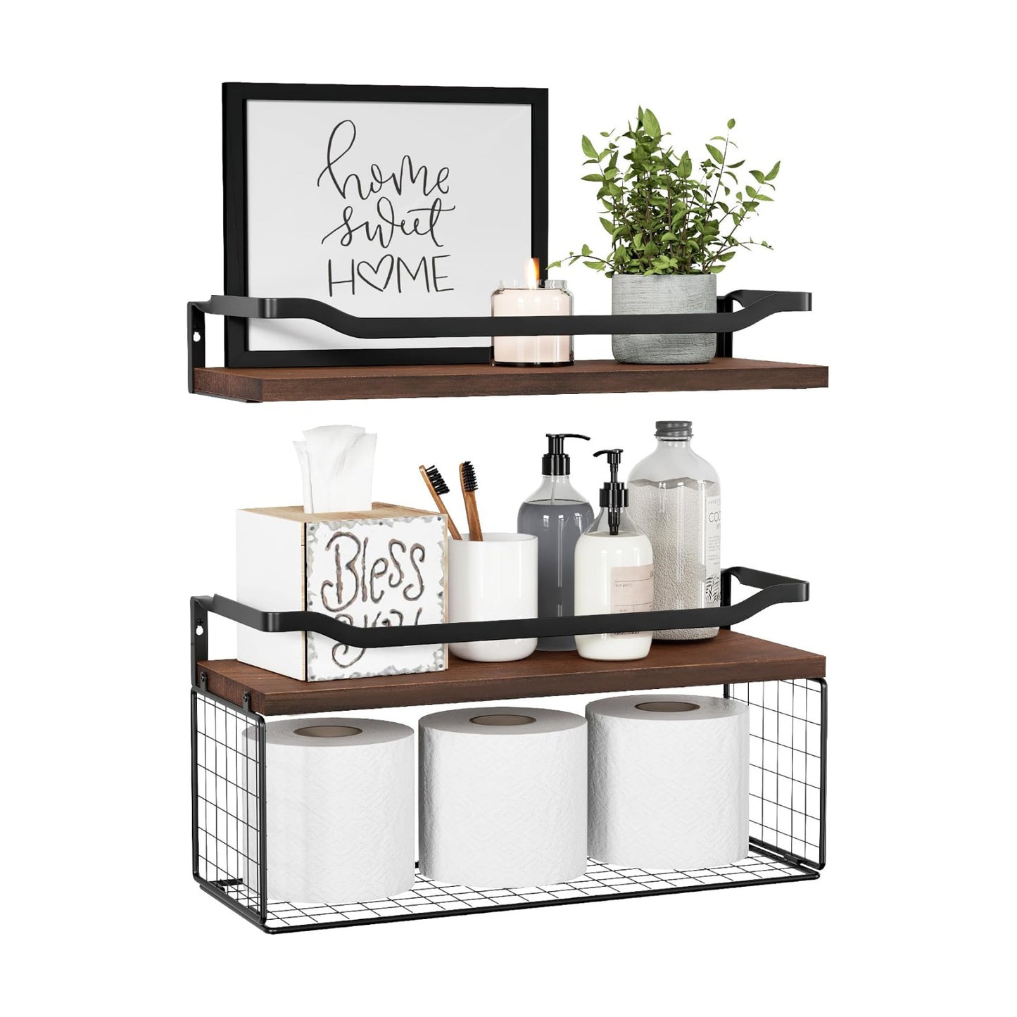 Floating Shelves with Wire Storage Basket, Bathroom Shelves Over Toilet with Protective Metal Guardrail, Wood Wall