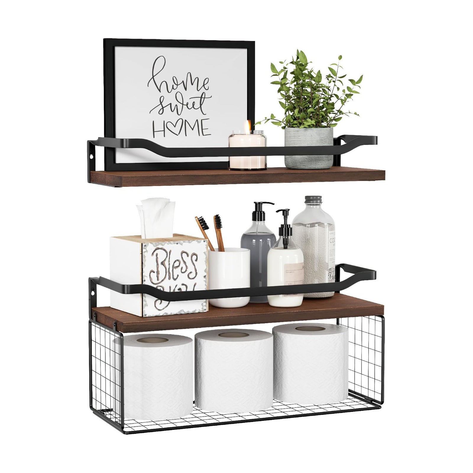 Floating Shelves with Wire Storage Basket, Bathroom Shelves Over Toilet with Protective Metal Guardrail, Wood Wall