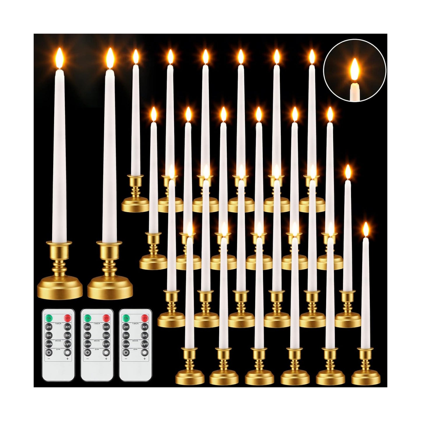 Fumete 24 Pack Flameless Taper Candles with Remote Timer, 3D Flame,White | Realistic Flickering Effect, Golden Base