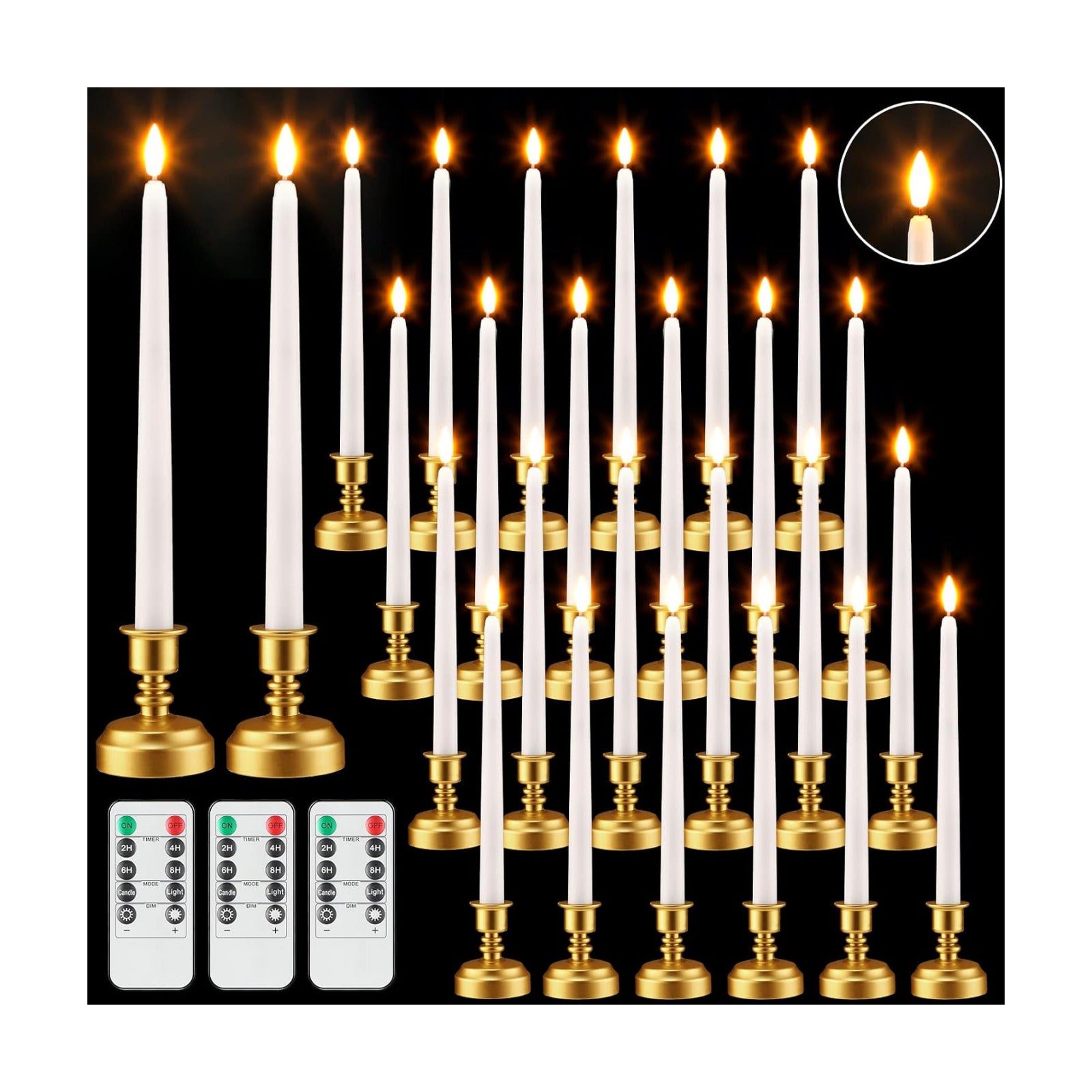 Fumete 24 Pack Flameless Taper Candles with Remote Timer, 3D Flame,White | Realistic Flickering Effect, Golden Base