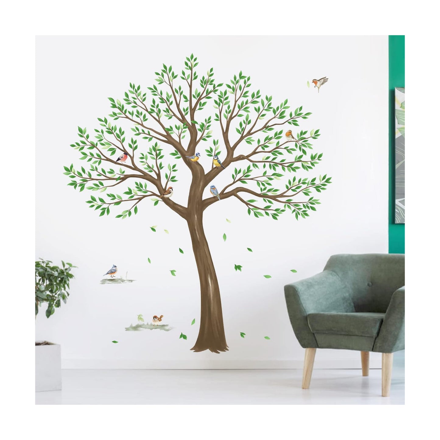 Large Tree Wall Stickers Leaves Birds Peel and Stick Wall Decals / Green