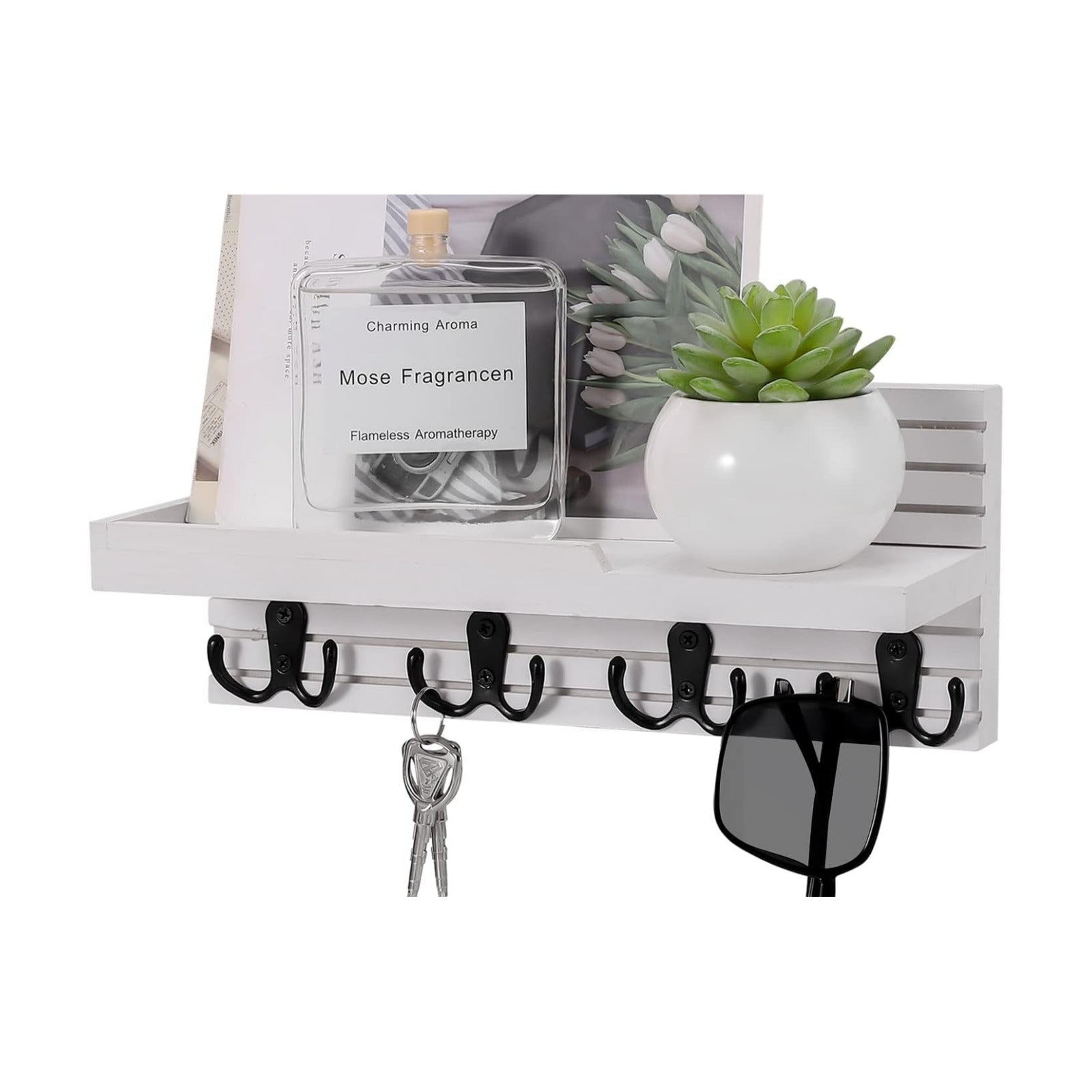 Easy Install Natural Wooden Key and Mail Holder / White