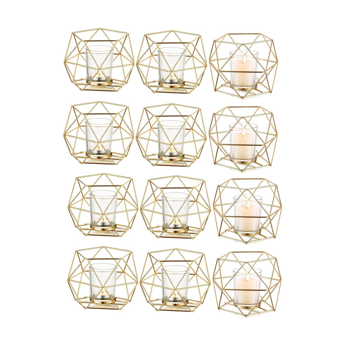 Hewory Geometric Tealight Candle Holders, 12 Pcs Wedding Table Centerpieces | Gold Candle Holders with Clear Cups, for