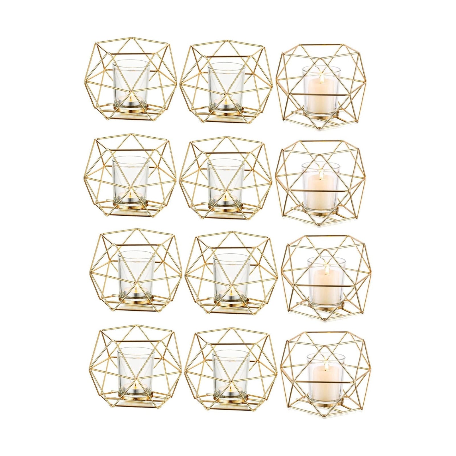 Hewory Geometric Tealight Candle Holders, 12 Pcs Wedding Table Centerpieces | Gold Candle Holders with Clear Cups, for