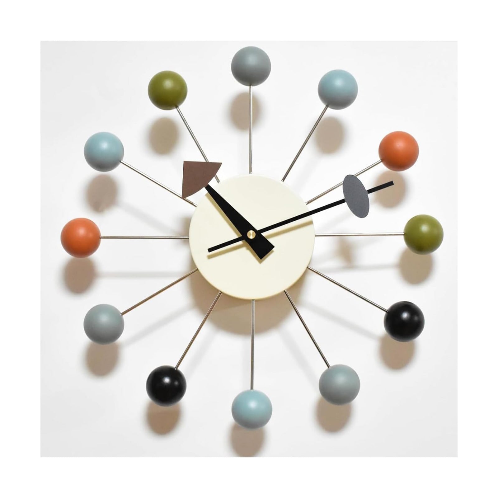 Wood Ball Wall Clock 13 Inch, Mid Century Modern | Battery Operated, Silent Non-Ticking, POP Color, Metal Frame, Decor