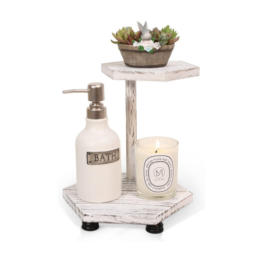 Decorative Tray / 2-Tier Wood Farmhouse Riser / Hexagonal-white-2tier
