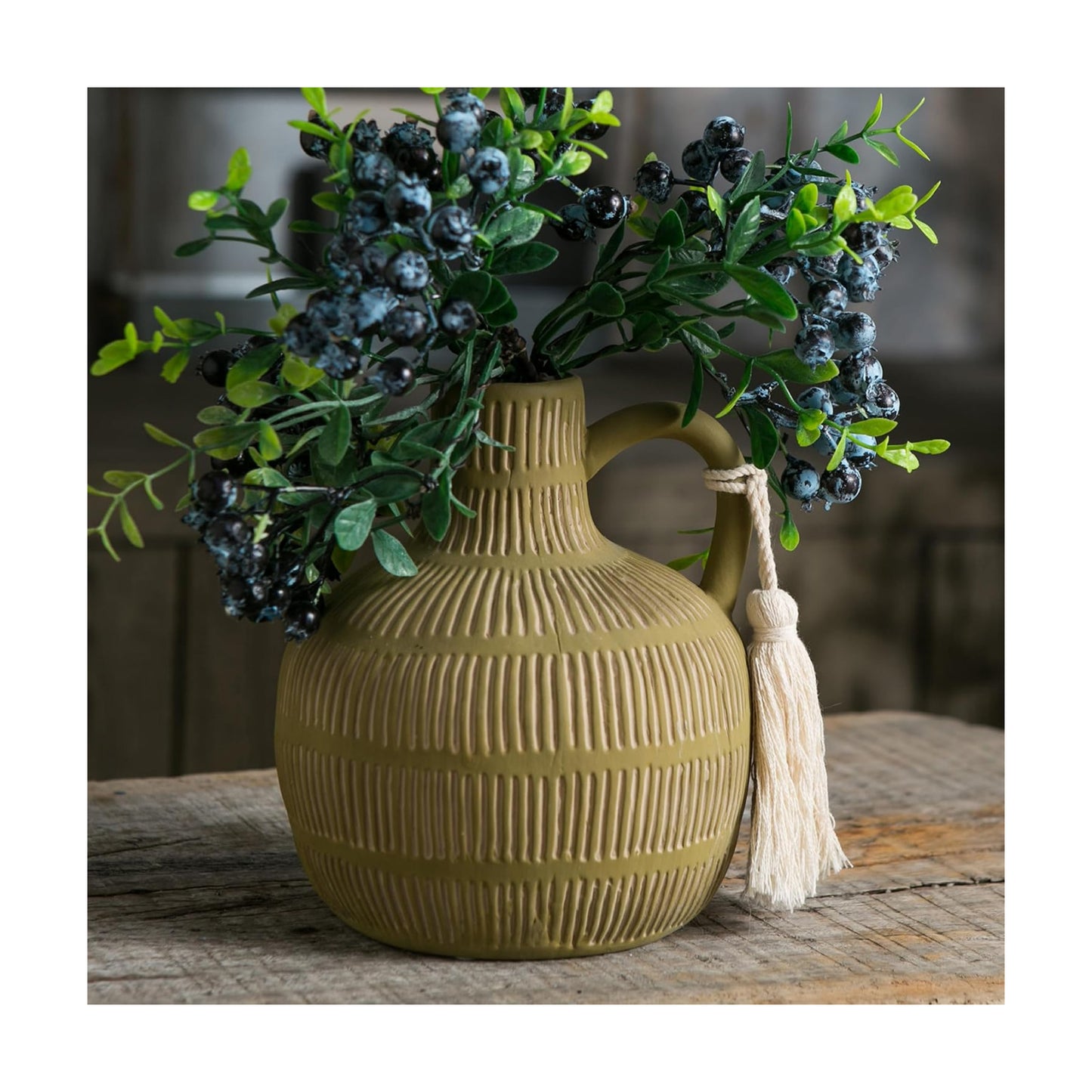 Farmhouse Vase / Grey Yellow Vertical Stripes Design Clay Vase 10'' Tall / Green