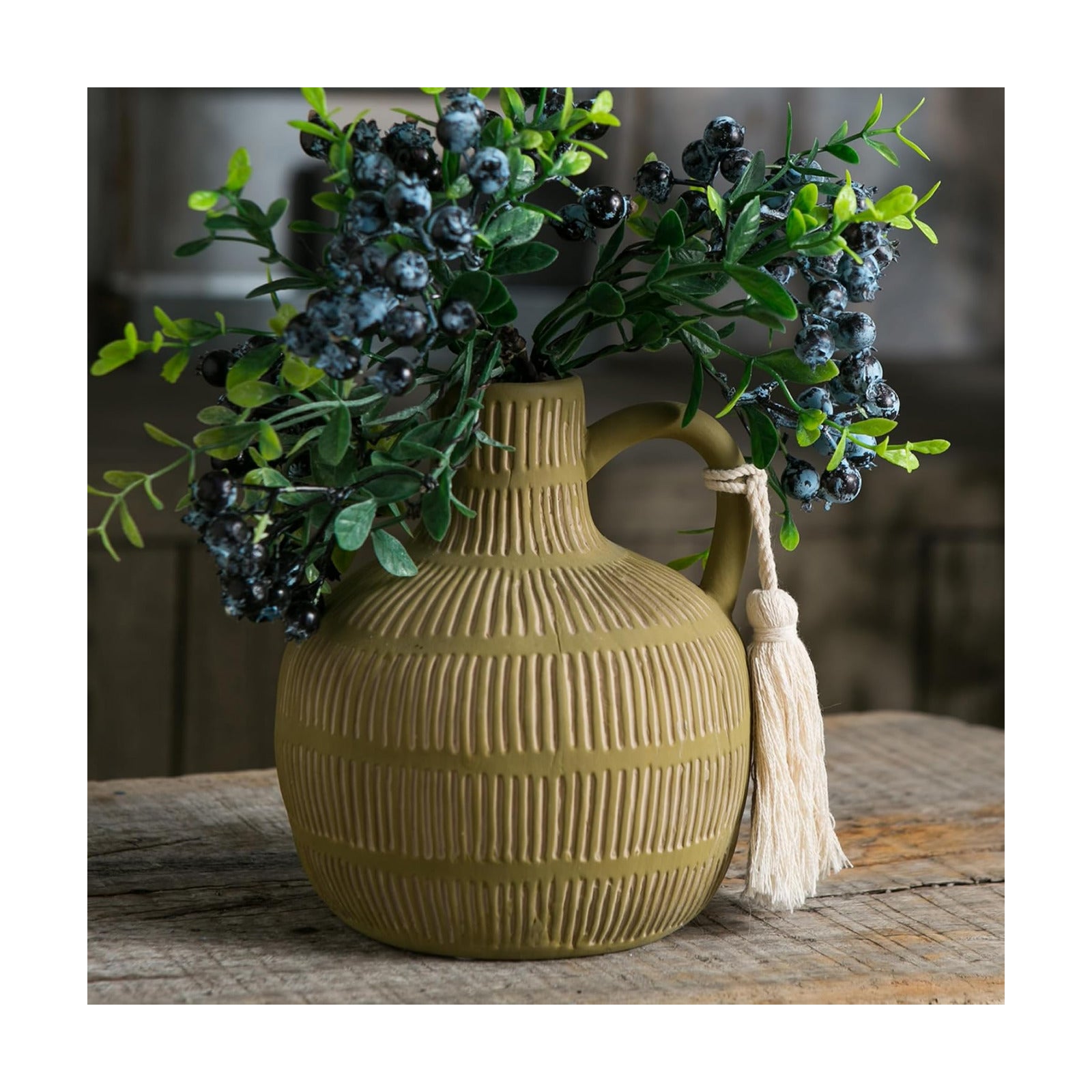 Farmhouse Vase / Grey Yellow Vertical Stripes Design Clay Vase 10'' Tall / Green