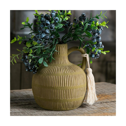 Farmhouse Vase / Grey Yellow Vertical Stripes Design Clay Vase 10'' Tall / Green