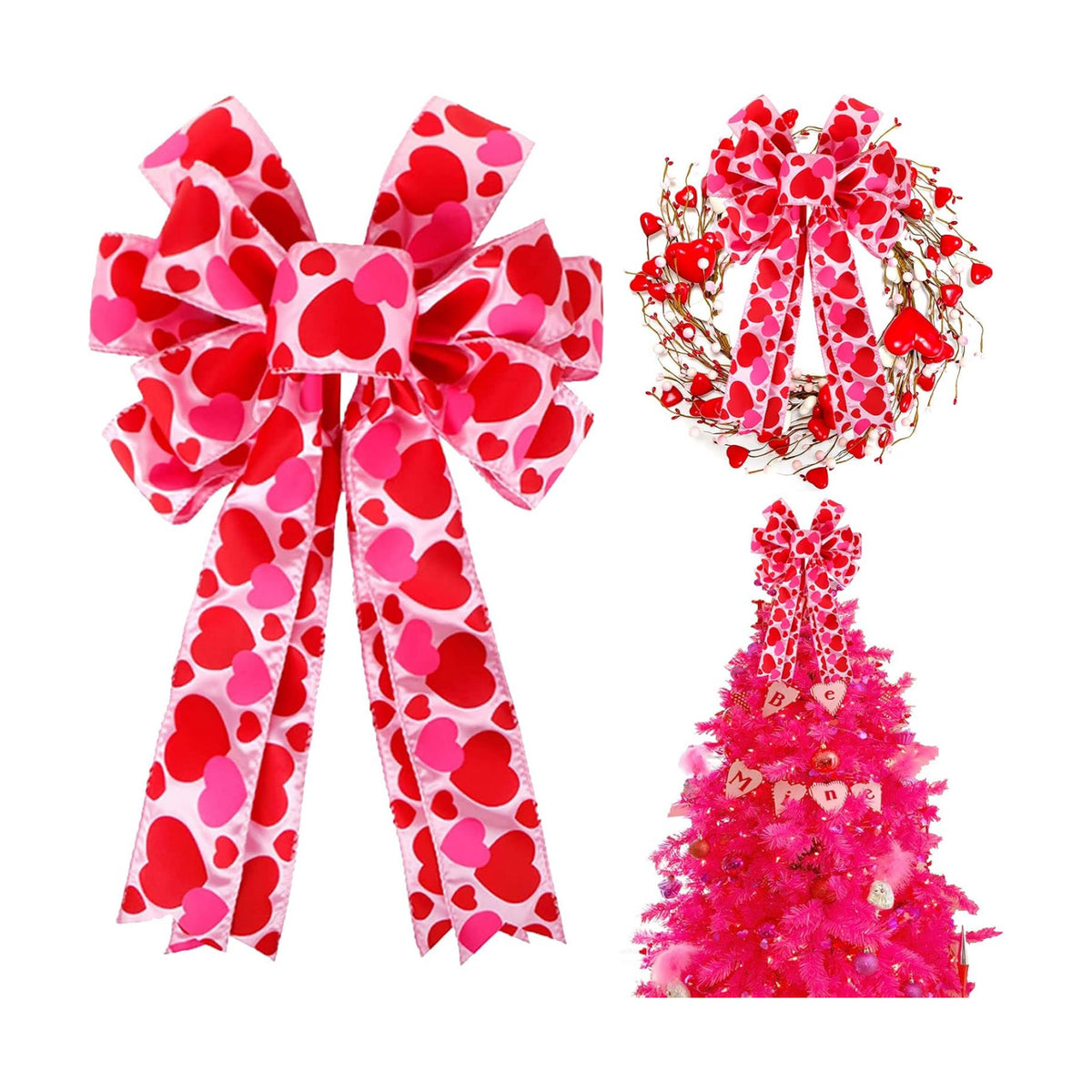 Valentine Tree Topper Bow with Heart Decorations, 11.4”x19.6” Large Red Pink Valentines Wreath Bow Decor for Valentine's Day Wedding Holiday Party Wall Home Front Door Decorative