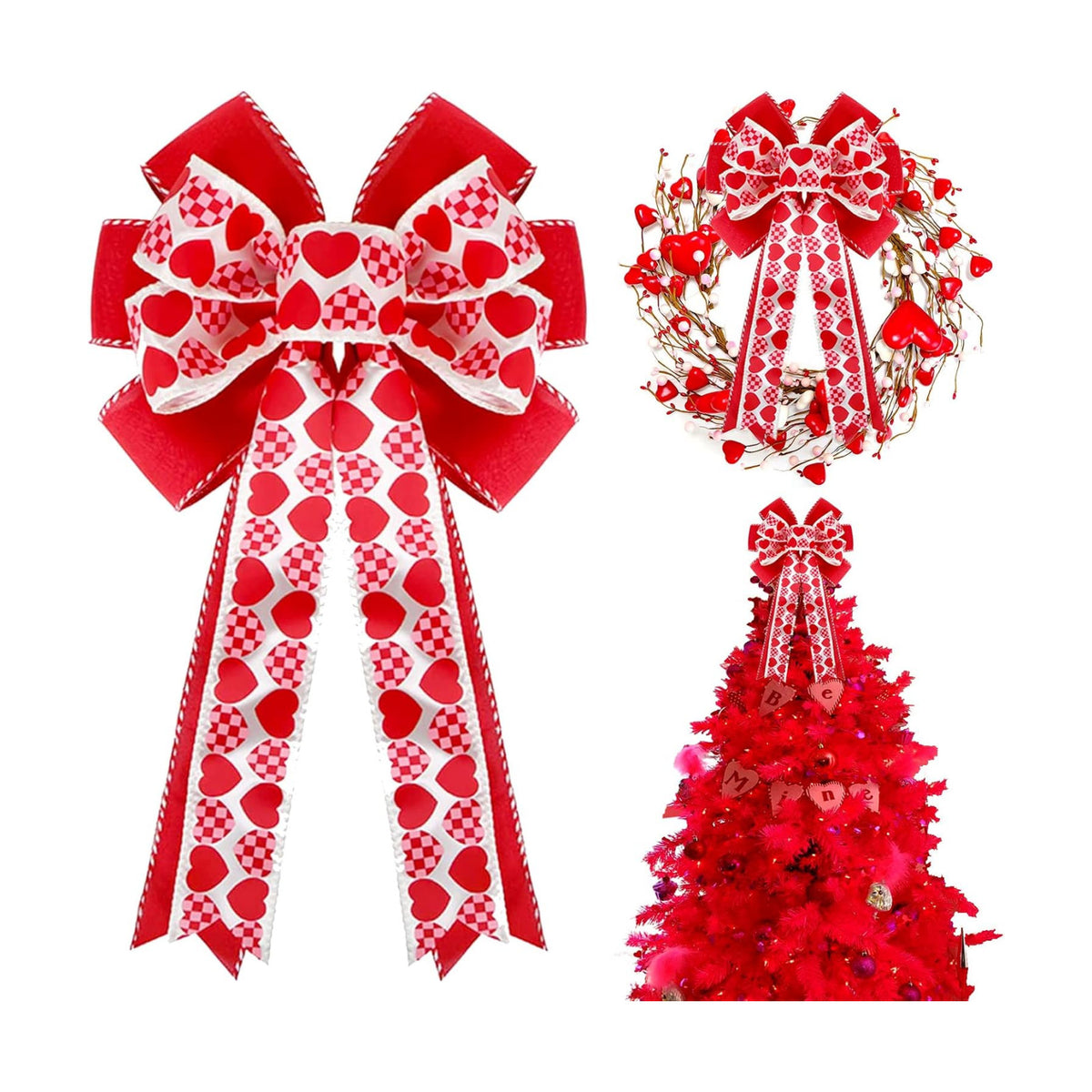 Valentines Day Tree Decorations, Valentine Tree Topper Bow with Red and Pink Heart for Valentines Day Wreath Wedding Holiday Party Wall Home Front Door Outdoor Decor