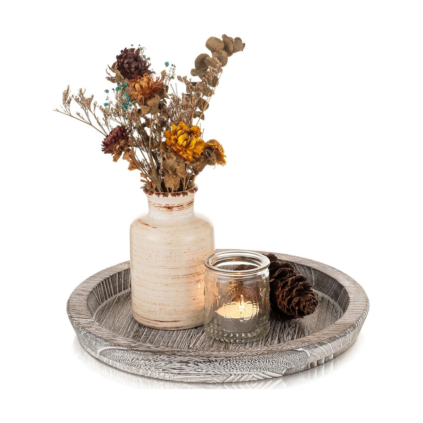 Round Wood Tray Home Decor / Whitewashed