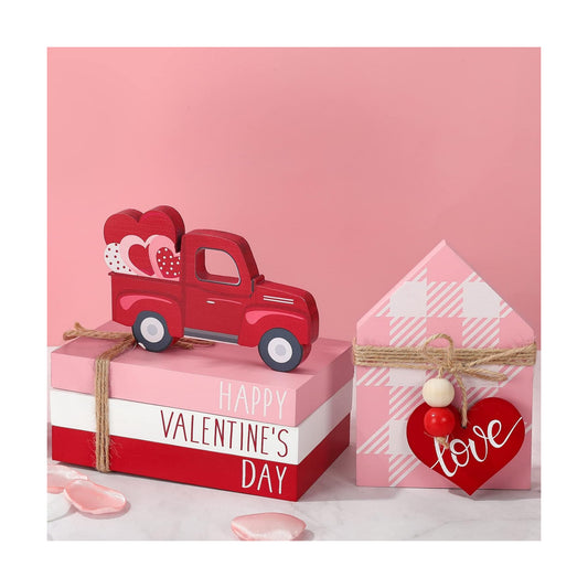 Valentine's Day Wooden Tiered Tray Decorative White Faux Stacked Books Wooden Block Sign / Pink