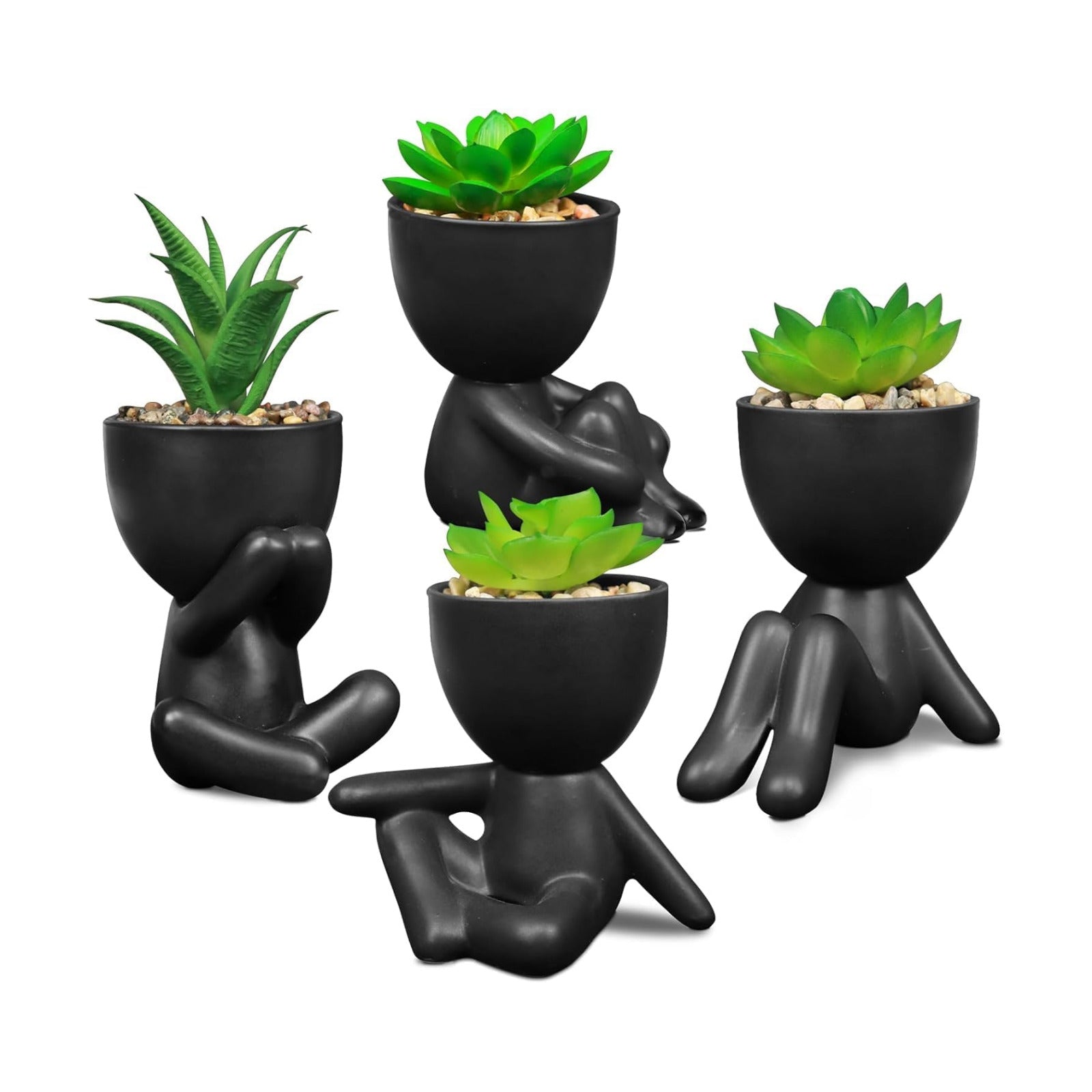 Artificial Succulent Plants in Human Shaped Pots / Black / Set of 4