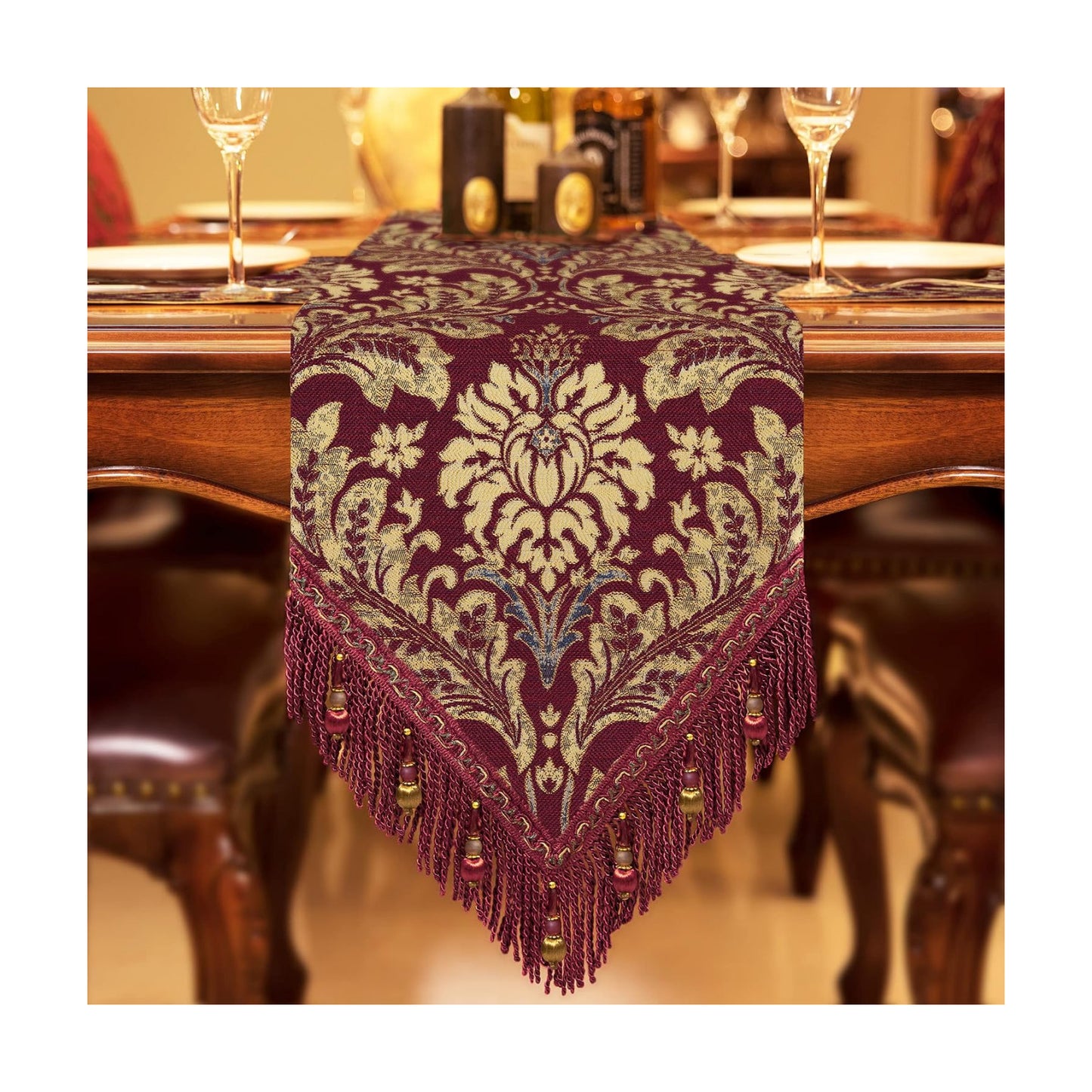 Loom and Mill Luxury Jacquard Damask Table Runner 13x72 inch, Burgundy Red | Thick Fabric Floral Dining Table Runners