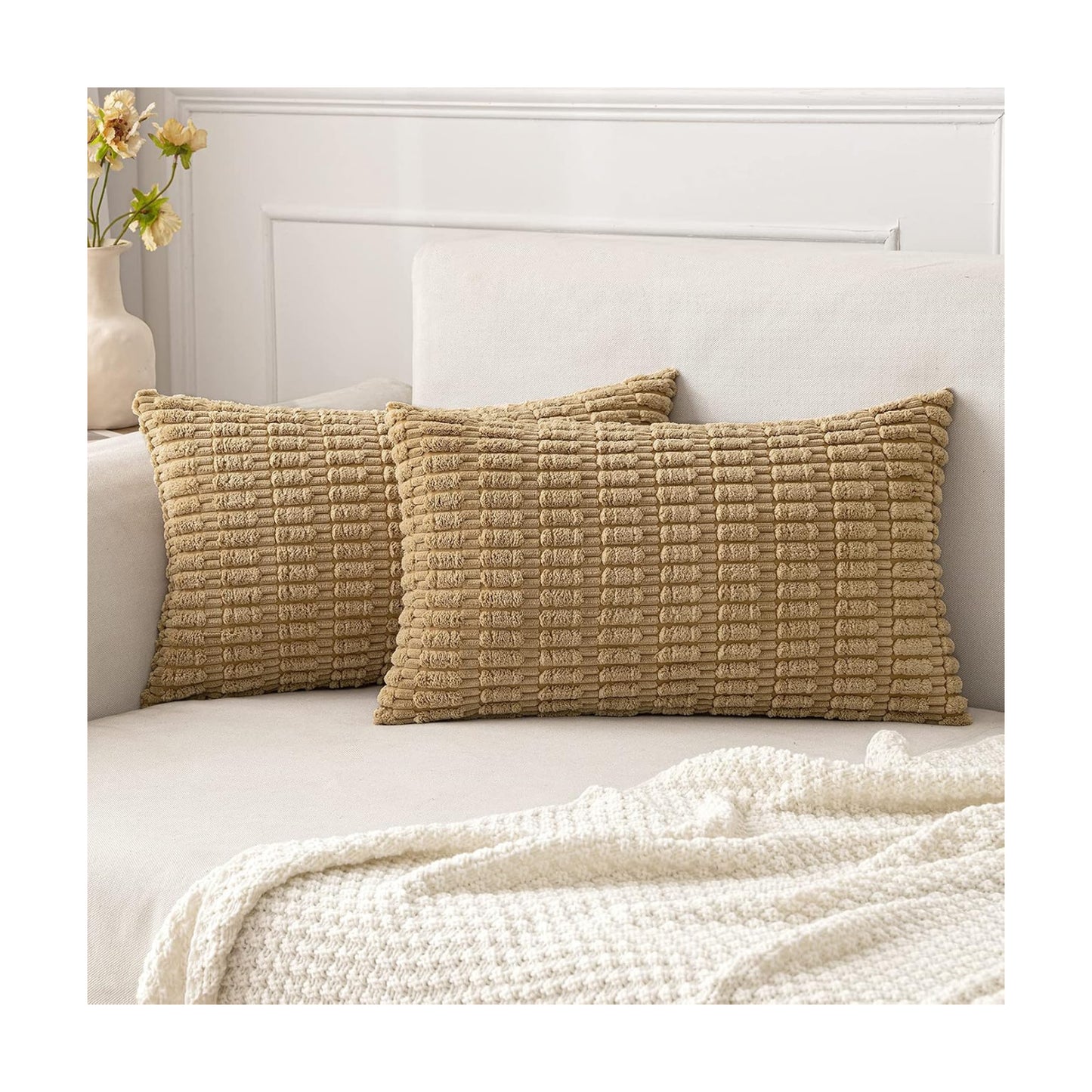 MIULEE Lumbar Corduroy Decorative Throw Pillow Covers 12x20 Khaki Pack of 2