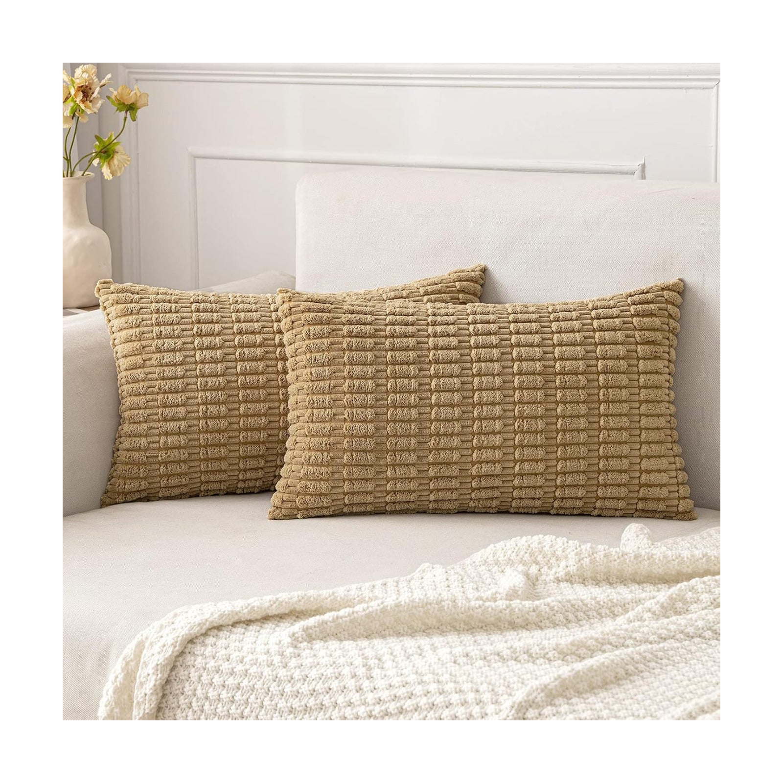 MIULEE Lumbar Corduroy Decorative Throw Pillow Covers 12x20 Khaki Pack of 2
