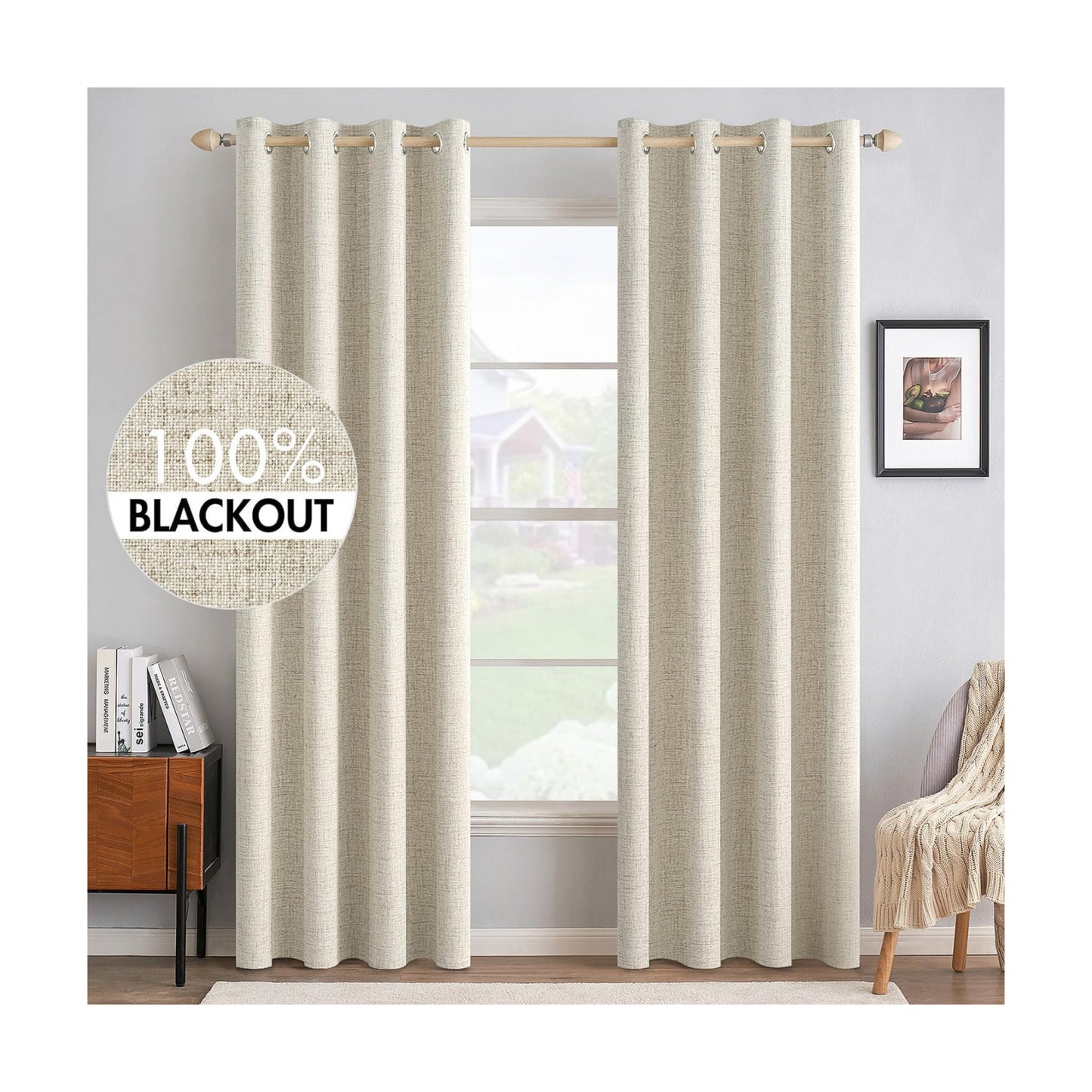 MIULEE 100% Blackout Linen Curtains for Bedroom 52x72 Inches Butter Cream