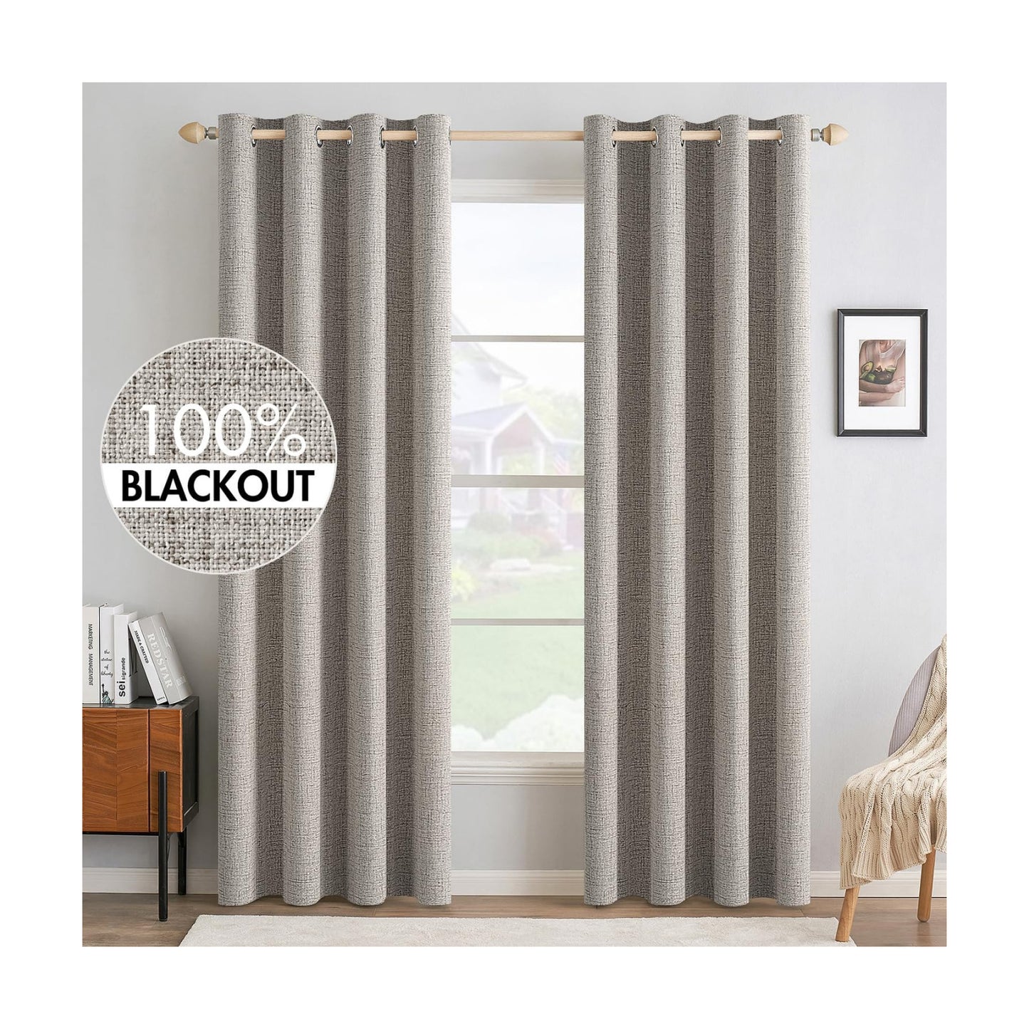 MIULEE 100% Blackout Linen Curtains for Bedroom 52x90 Inches Warm Taupe