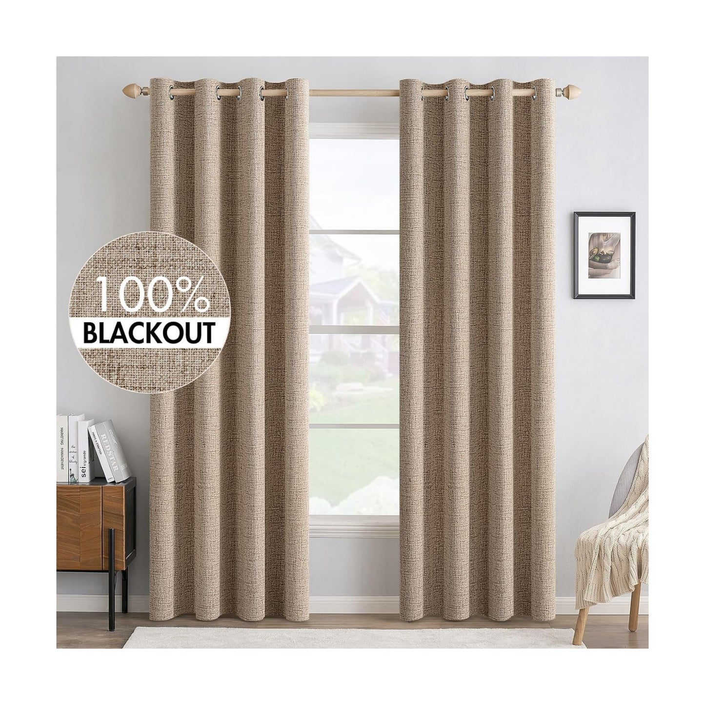 MIULEE 100% Blackout Linen Curtains for Bedroom 52x96 Inches Copper Brown