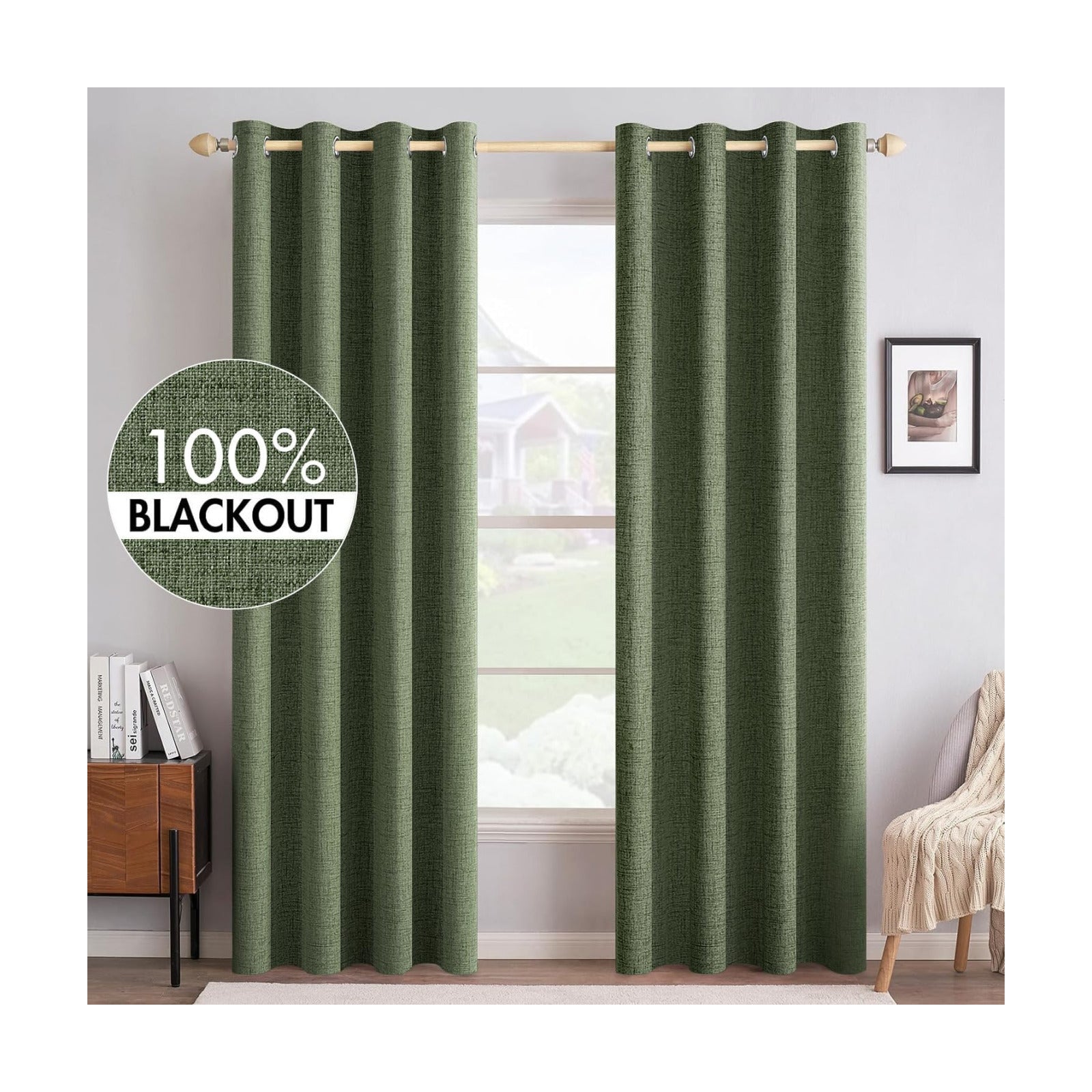 MIULEE 100% Blackout Linen Curtains for Bedroom 52x90 Inches Olive Green