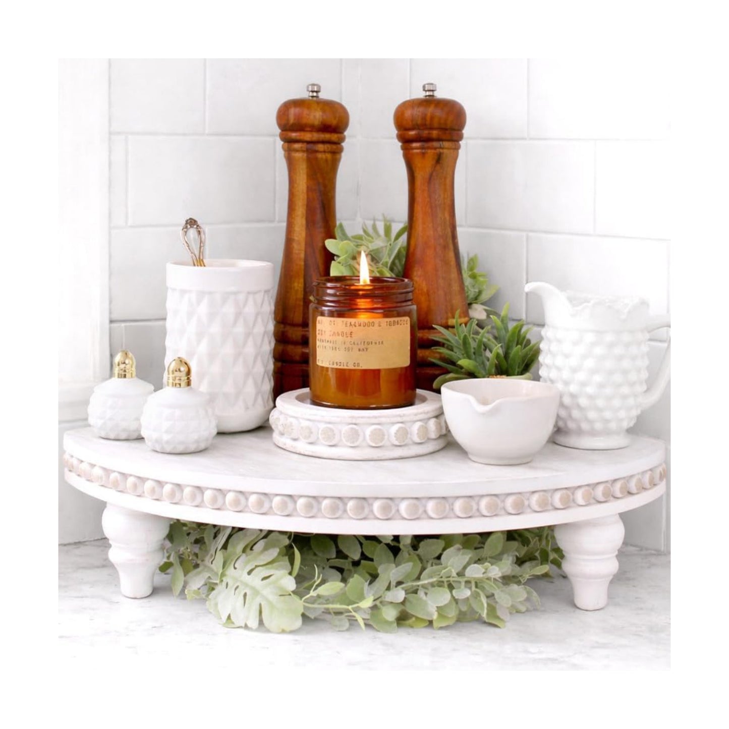 Farmhouse Wood Rounded Beaded Tray / Rustic White