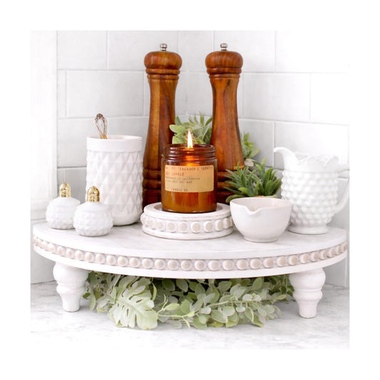 Farmhouse Wood Rounded Beaded Tray / Rustic White